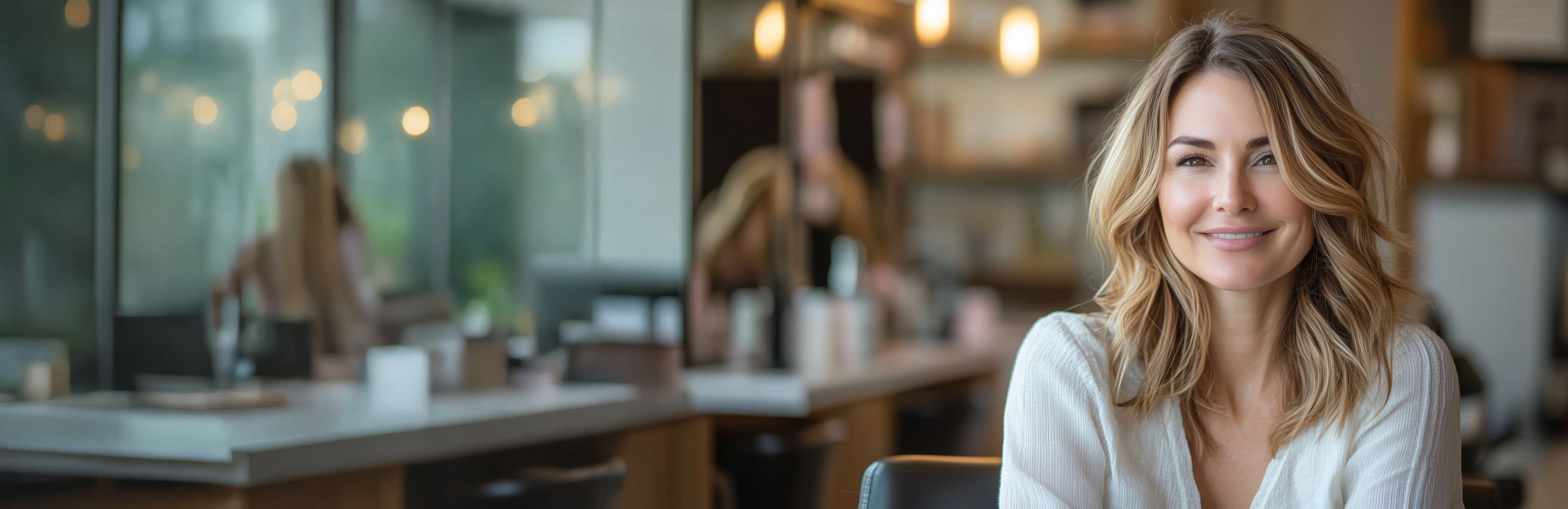 Happy client with freshly styled hair at Just About Hair